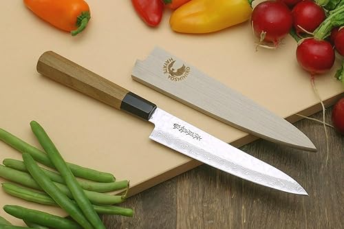 Miniatura 4 de Yoshihiro Juego de cuchillos de chef Gyuto de Damasco martillado de 46 capas y cuchillo utilitario (Gyuto 8.25 pulgadas (8.268 in) y pequeño 6 Mango