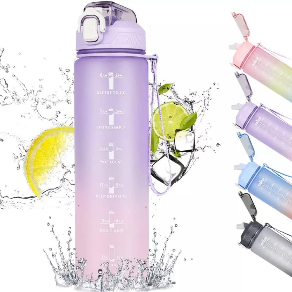 Water Bottle 1L / 32oz with Motivational Time Marker Straw Strainer Sport Plastic Bottles for kids Fitness Gym Office Outdoor Sports and Exercise Leak Proof (Purple & Pink)