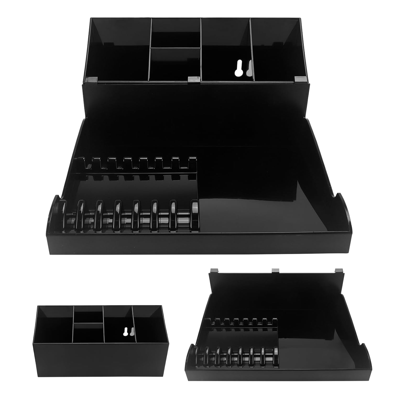 Professional Hair Stylist Storage Box, Black ABS Plastic, Multi-Compartment Organizer with Clipper Holders, Salon Tools Tray Case for Barber Accessories