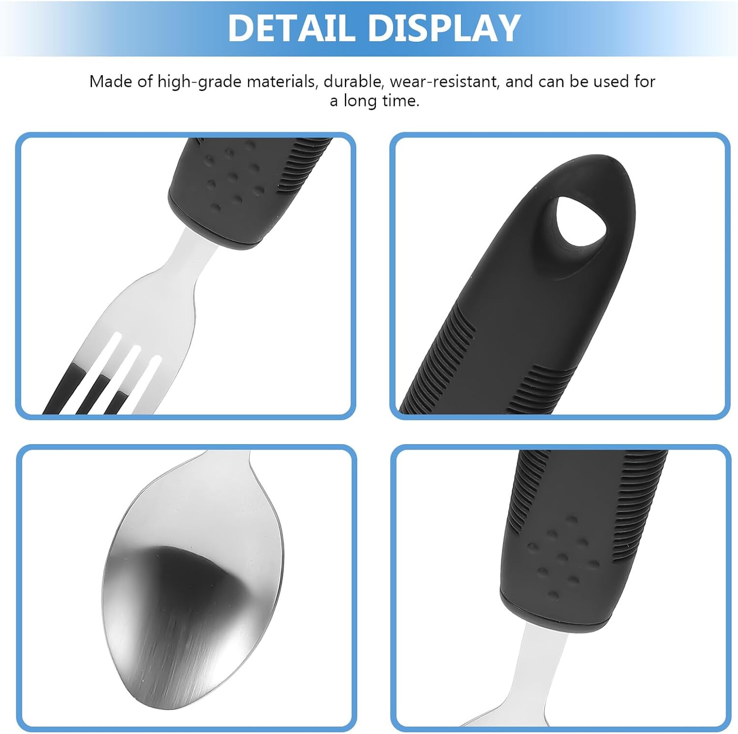 Adaptive Anti-shake Stainless Steel Tableware for Elderly and Disabled Portable Black Handle Utensils with Non-slip Grip Lightweight Fork Spoon Knife for Hand Tremors and Arthritis