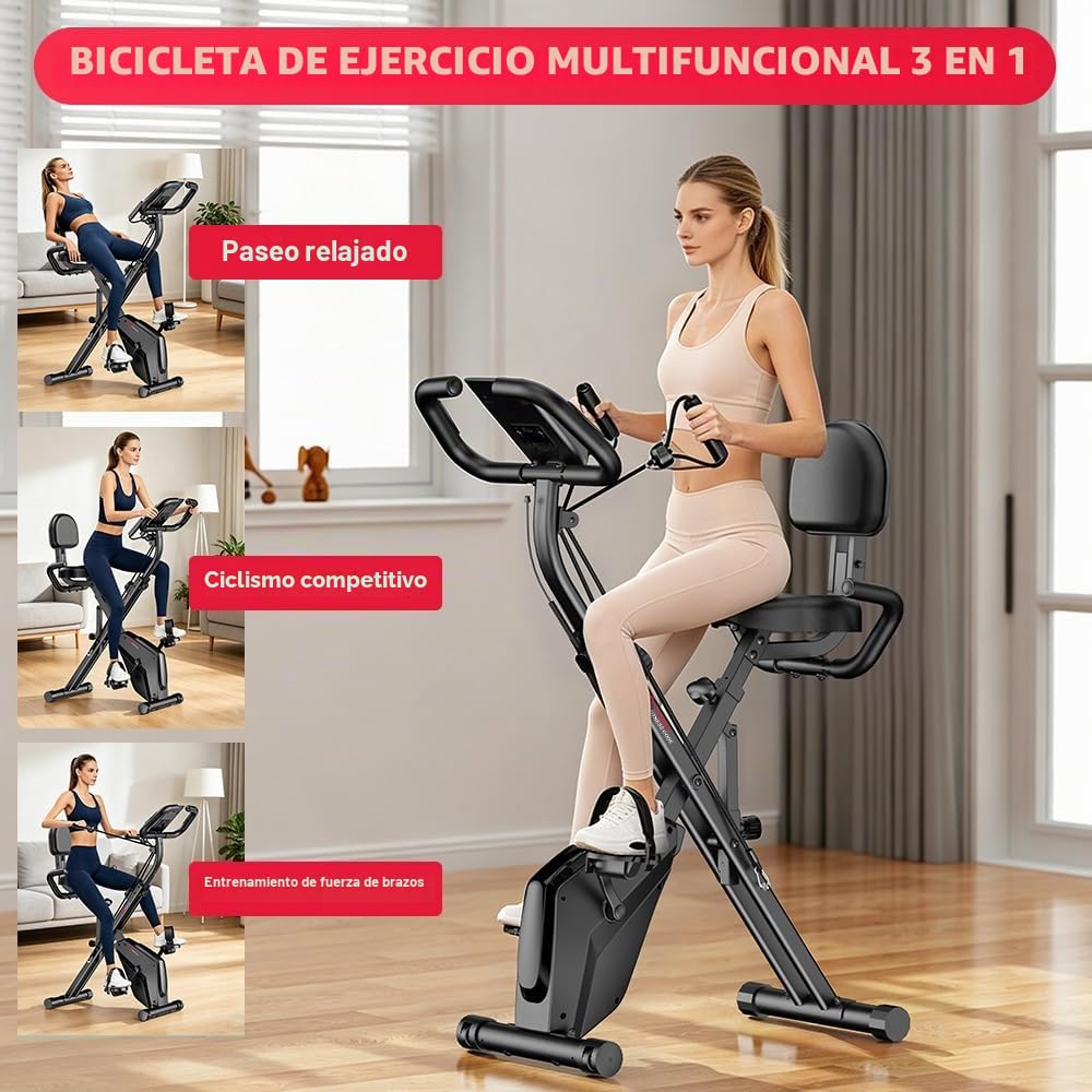 Bicicleta estática plegable silenciosa (<20dB) Bicicleta estacionaria 3 en 1 con 8 resistencias magnéticas, pantalla LCD multifuncional y soporte para tableta, para uso doméstico, altura ajustable 155