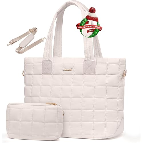 LOVEVOOK Laptop Tote Bag for Women,15.6 Inch Large Puffer Work Tote Bag for Women,Lightweight Travel Tote Bags Laptop Purse Computer Bag,College Office Teacher Nurse Bag Casual Shoulder Handbag, Taupe