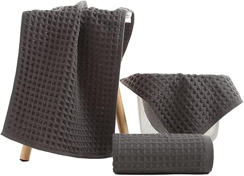 Miniatura 3 de YiLUOMO Juego de toallas de punto gofre, 100% algodón, altamente absorbentes, de secado rápido, para baño (1 toalla de baño, 1 toalla de mano y 1