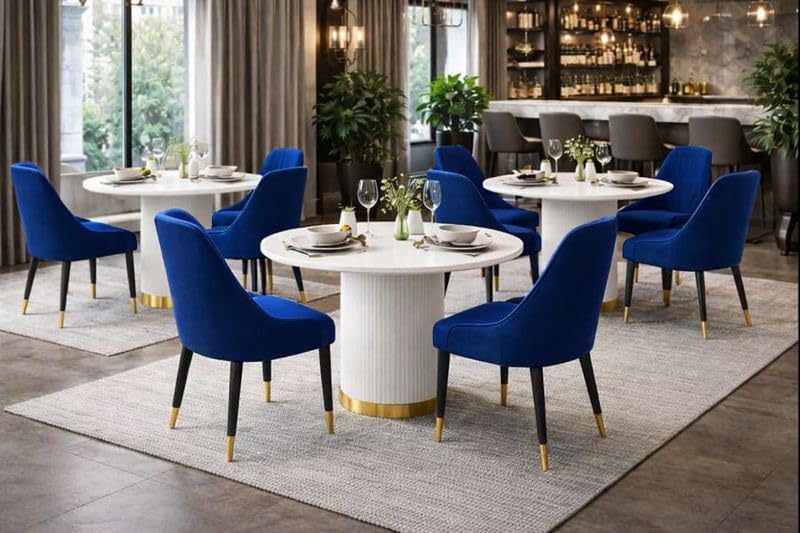 Image of 4 Seater Dining Table Set with 4 Chairs,2yr Warranty - Round Marble Dining Table (91x91x76 cm) - White Marble Top, Solid Wooden Base, Upholstered Chairs with Sheesham Wood Legs - Blue