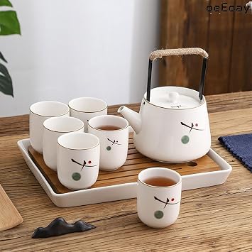 Keramik Tee Set - Chinesisches Kungfu Tee Service - 750ml Teekanne Und 6x180ml Tassen - Asiatisches Porzellan Teeservice - Inkl. Filternetz Hanfseilgriff & Bambus Abtropfschale - Weiss