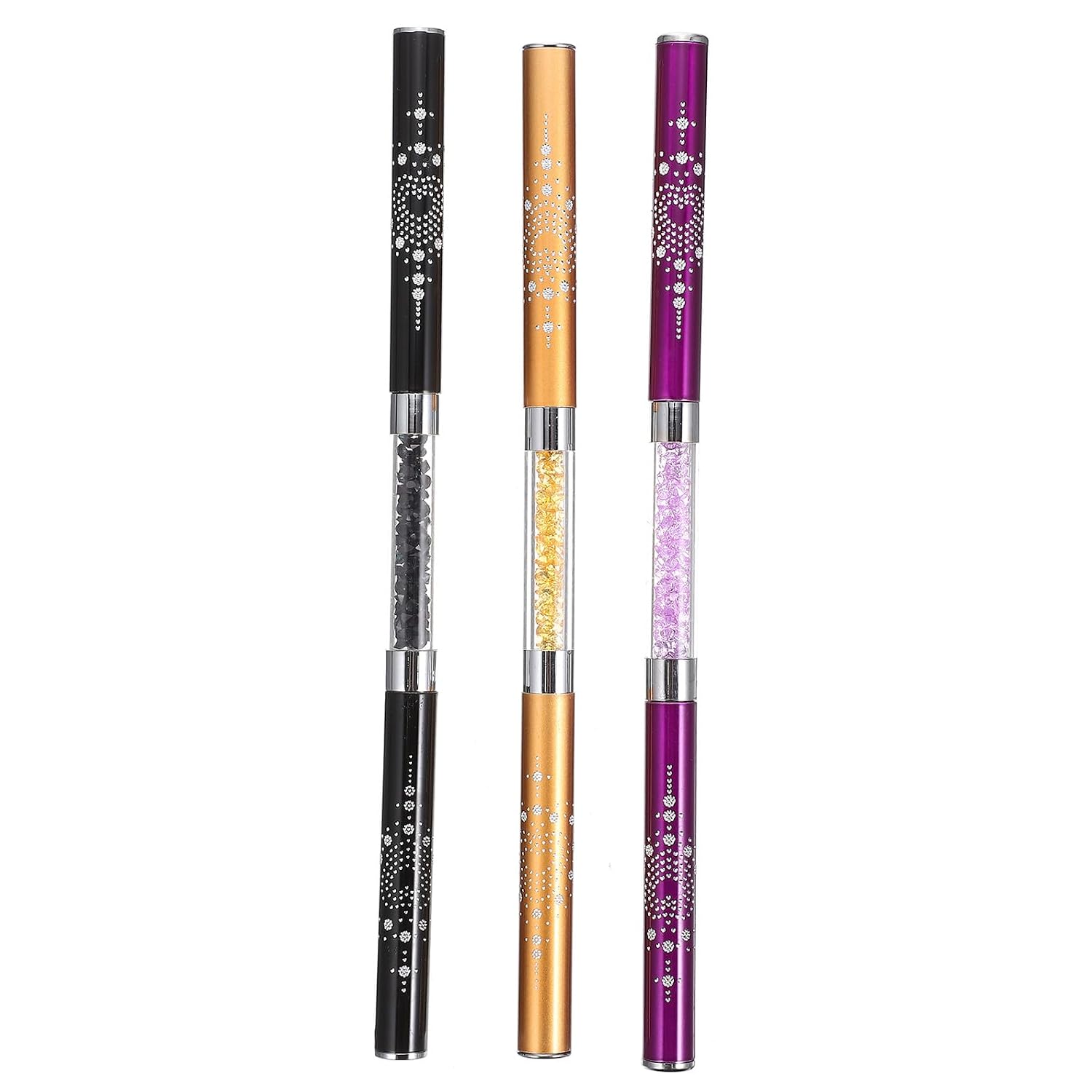 3pcs Double-end Nail Art Pens with Rhinestone Decoration Lightweight Manicure Tools for Salon and Home Use Painting Accessories in Yellow Purple Black