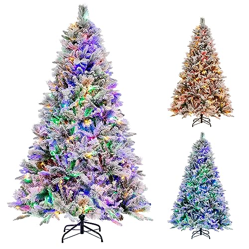 Goplus 6ft Pre-Lit Snow Flocked Christmas Tree, Artificial Hinged Xmas Tree with 240 Multi-Color LED Lights, 8 Lighting Modes, 850 Branch Tips, Pine Needles, Pine Cones, Holiday Office Home Décor