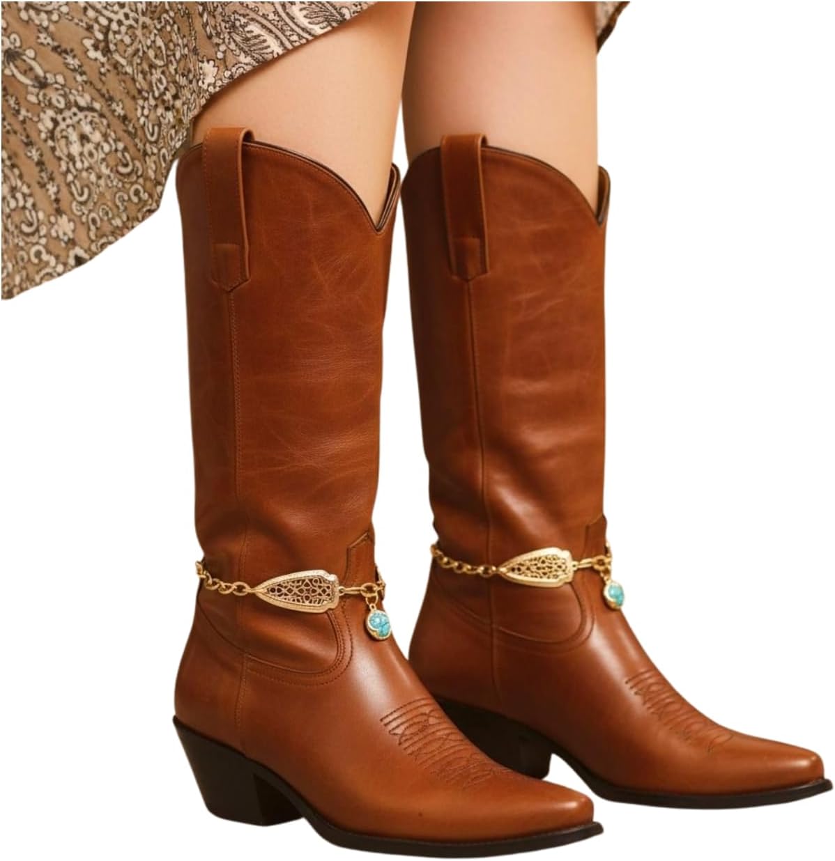 Gold Boot Anklet Bracelets For Women – Pair – Arrowhead Filigree Turquoise Accent Dressy Western Boot Jewelry For Heeled Booties, Concerts, Parties – Handmade USA BC60