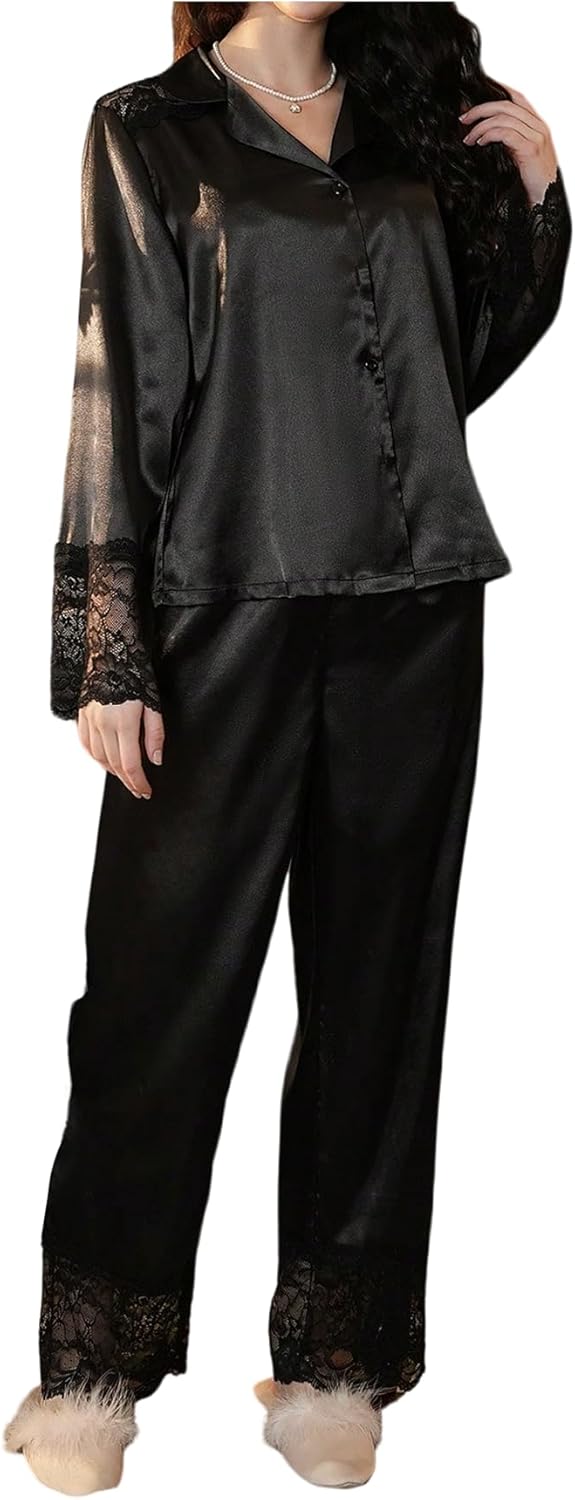 OYOANGLE Women's Silk Satin Pajama Sets 2 Piece Lace Long Sleeve Button Down Loungewear Pajamas Sets