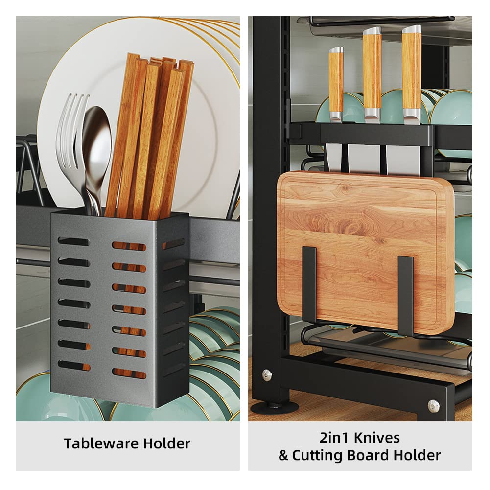 Escurridor de platos regulable en altura de 2 niveles con 2 escurridores para fregadero de cocina con soporte para utensilios y tabla de cortar 2 en 1