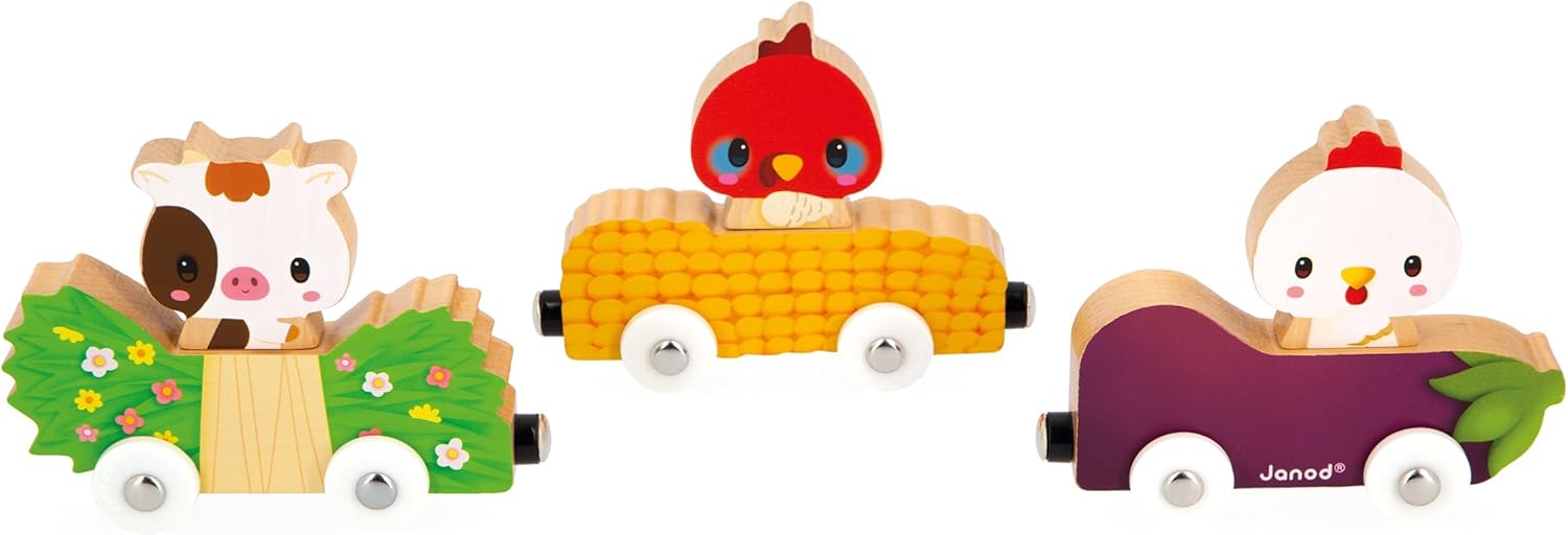 Janod - Farm Wooden Animal Car Train Push and Go Playset - Imaginative Play - Magnetic Interchangeable Cars - Enhances Imagination and Motor Skills - Safe Quality Materials