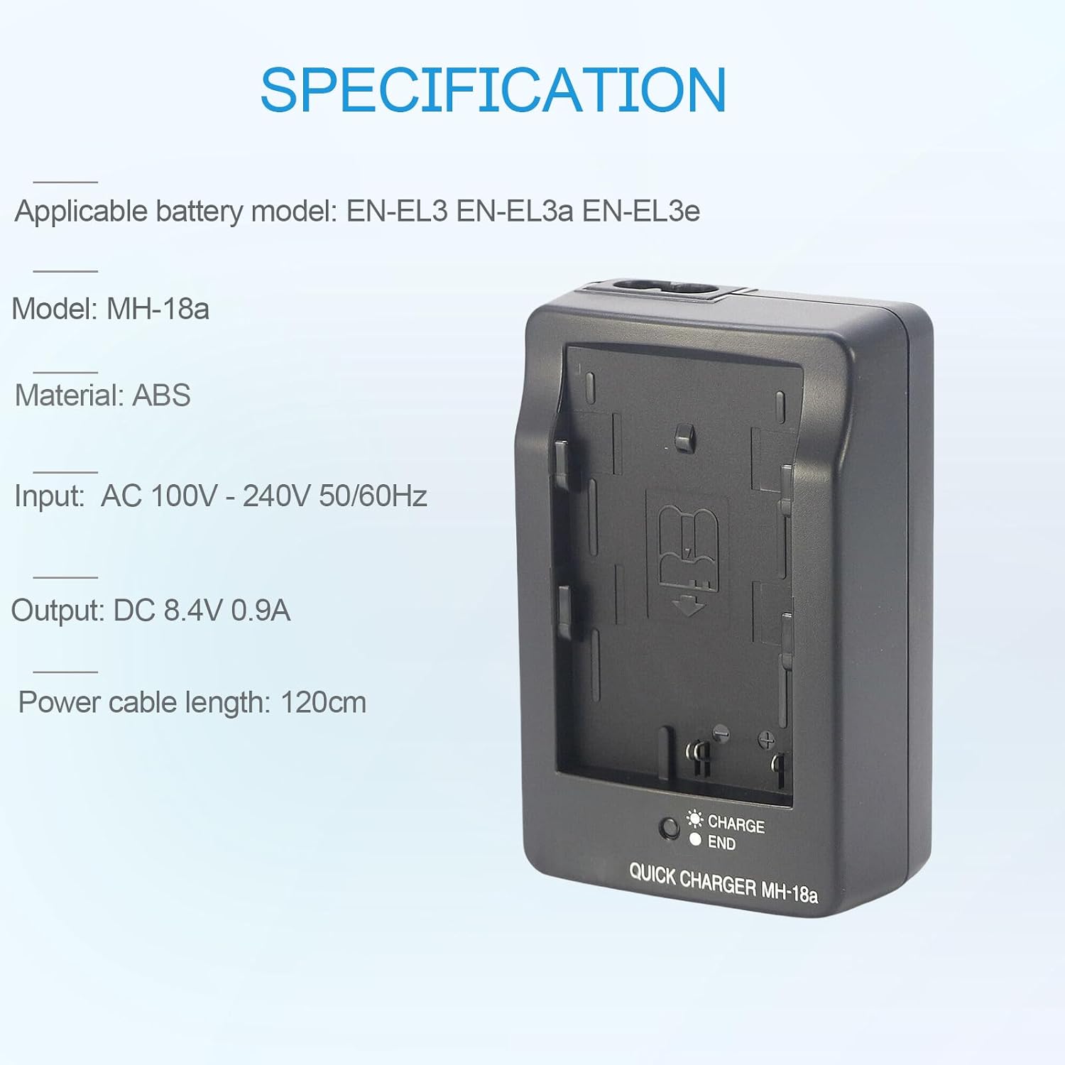 MH-18a EN-EL3 EN-EL3e EN-EL3a Battery Charger Compatible with Nikon D50 D70 D70s D80 D90 D100 D200 D300 D300s D700 Digital SLR Cameras & 120cm AC Power Cord