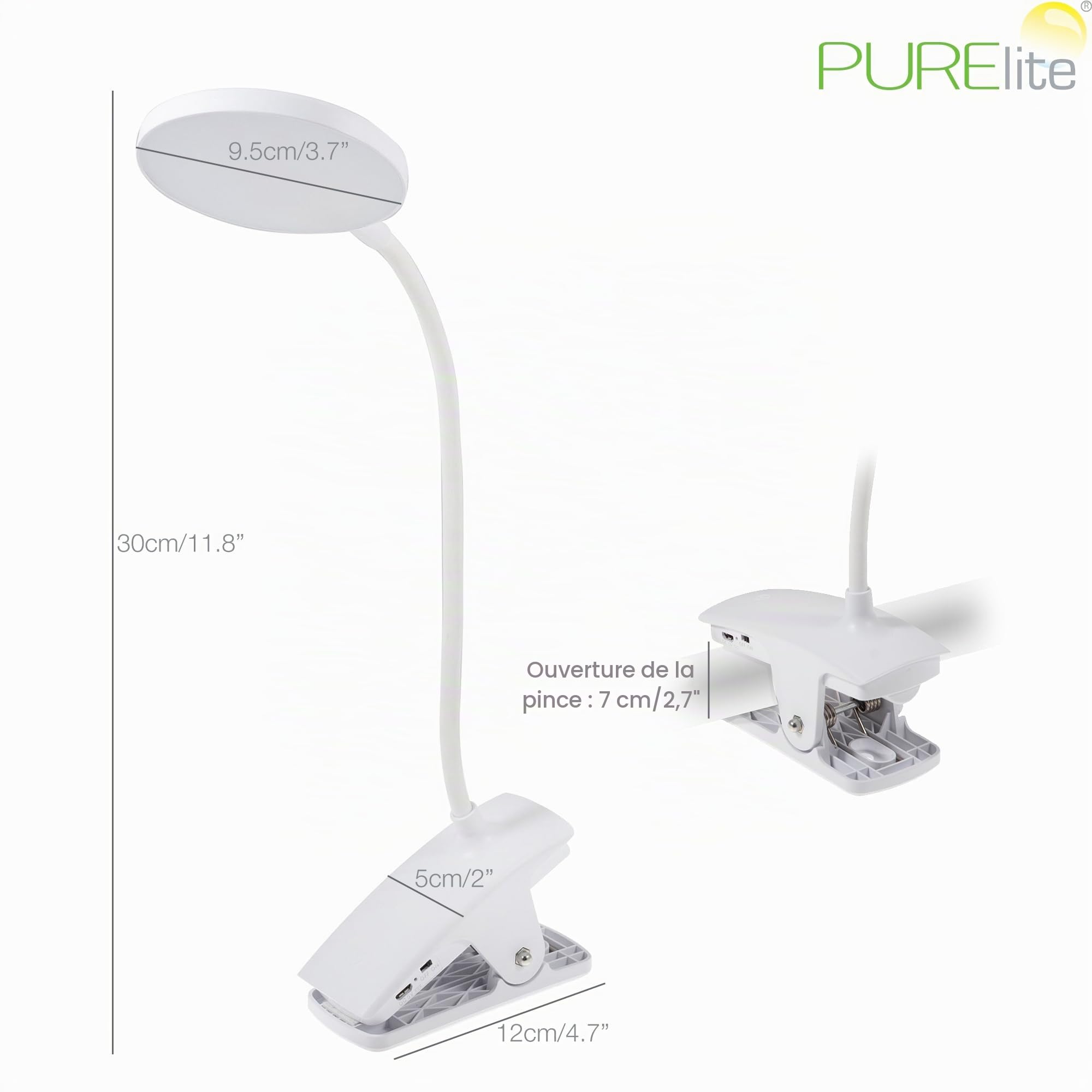 PURElite Lampe loupe à pince - Lampe de table et lampe de bureau rechargeable, lumière LED flexible, col réglable et pince inclus, ampoules à lumière naturelle pour la lecture, la couture, l'artisanat
