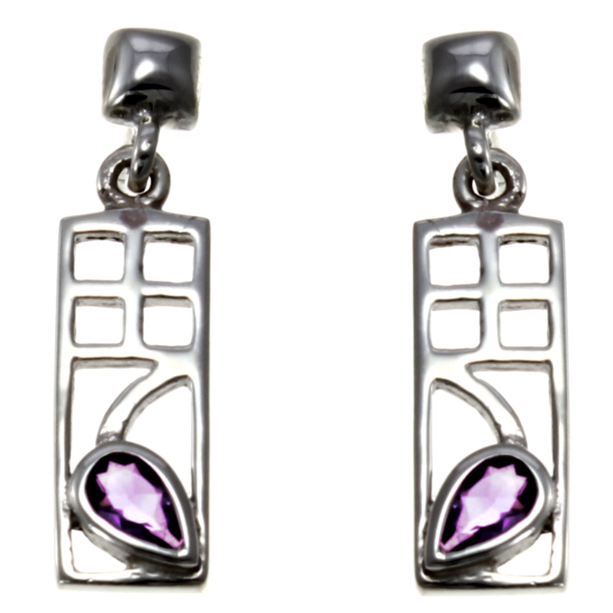 Alexander Castle Charles Rennie Mackintosh Amethyst 925 Sterling Silver Earrings for Women - Drop Earrings with Jewellery Gift Box - 18mm x 7mm