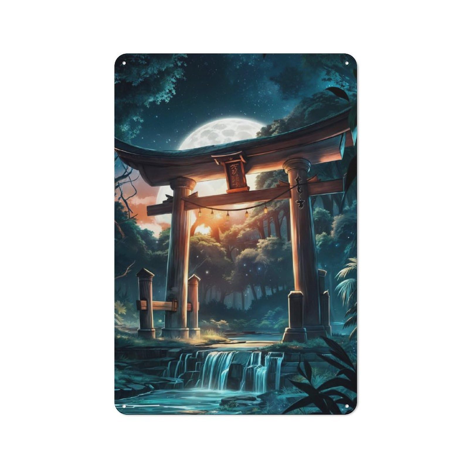 Junmoney Torii Gate Night Forest Industrial Tin Wall Sign 30X20cm Featuring Urban Room Decor For Workspace, Cafe, Hallway Or Garage