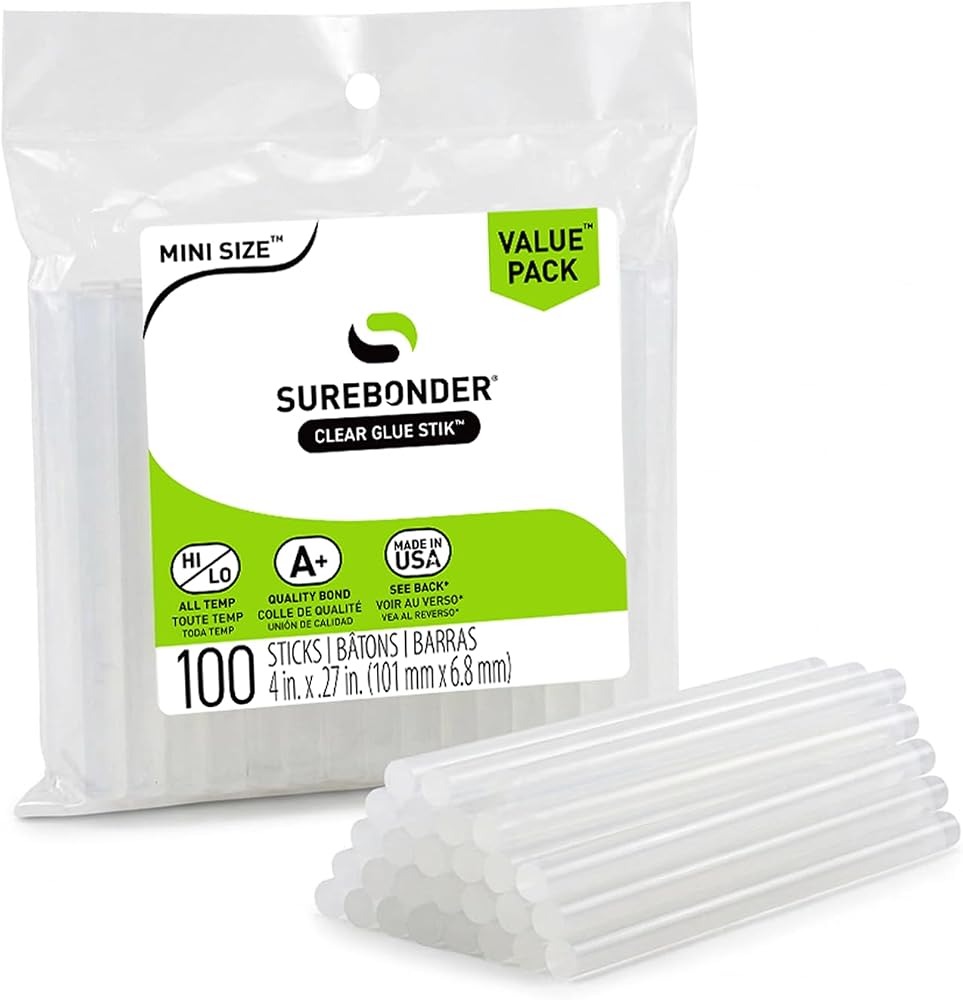 Surebonder Clear, All Purpose, All Temp., Mini Size Hot Glue Sticks 0.27 in. Diameter, 4 in. Length -100 Pack