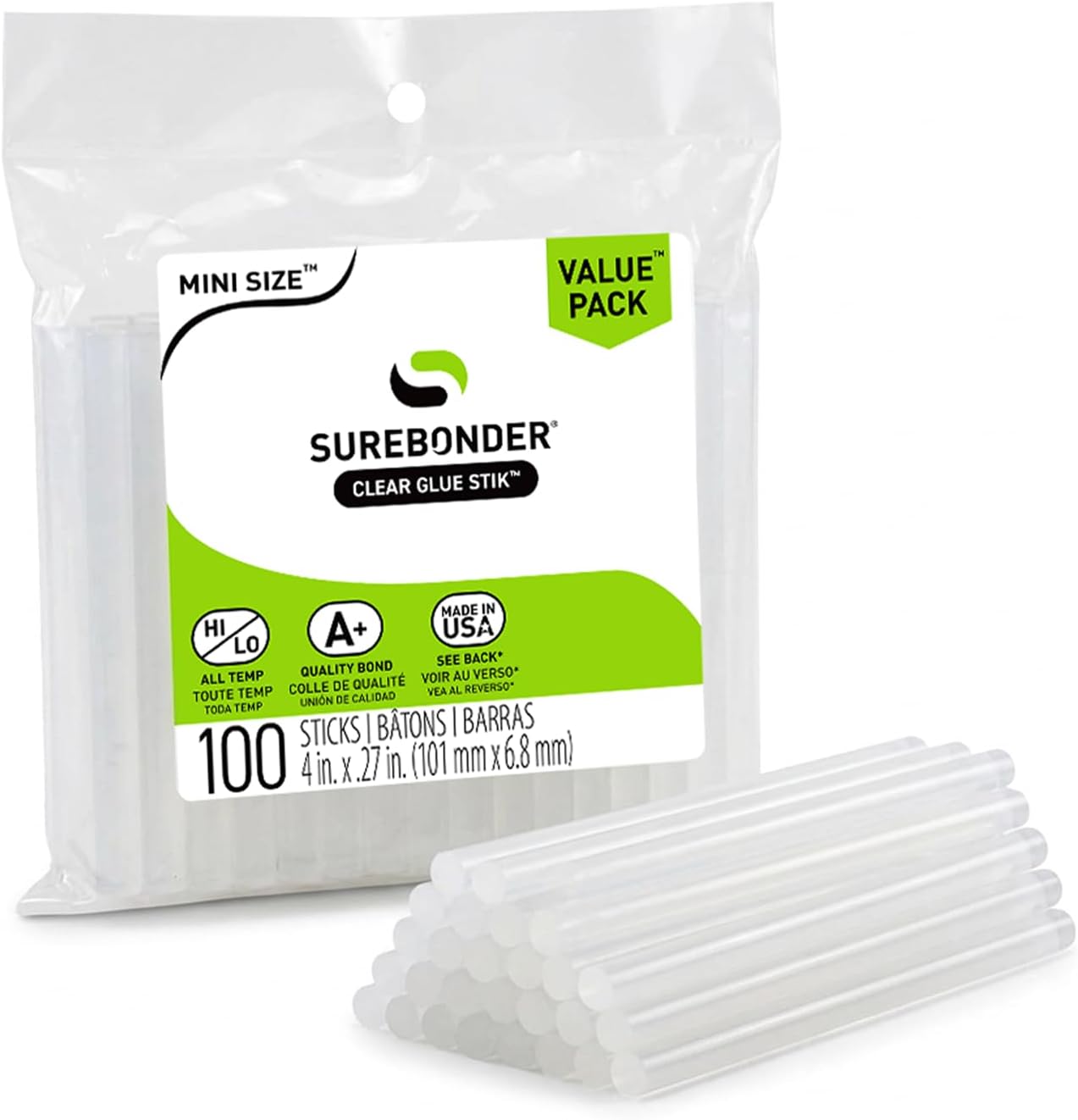 DT-100 Mini Size Hot Glue Sticks for Glue Guns 0.27 in. Diameter, 4 in. Length - All Purpose, All Temperature - Great for DIY, Arts, and Crafting - 100 Pack, Clear