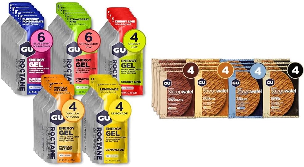 GU Energy Gel and Stroopwafel Sports Nutrition Variety Bundle, 24 Roctane Ultra Endurance Packs and 16 Stroopwafel Wafles