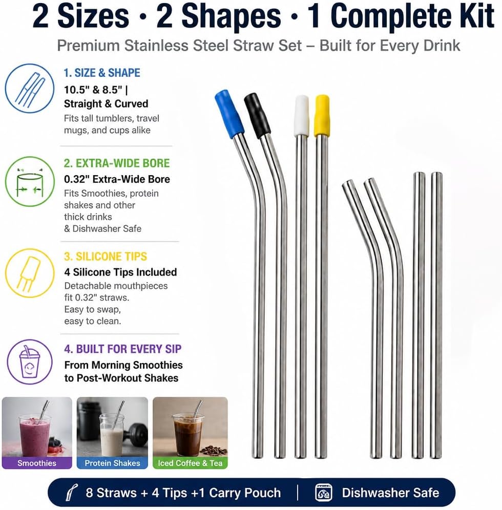 Reusable Metal Straws with Silicone Tips 8 Pack Stainless Steel Straws