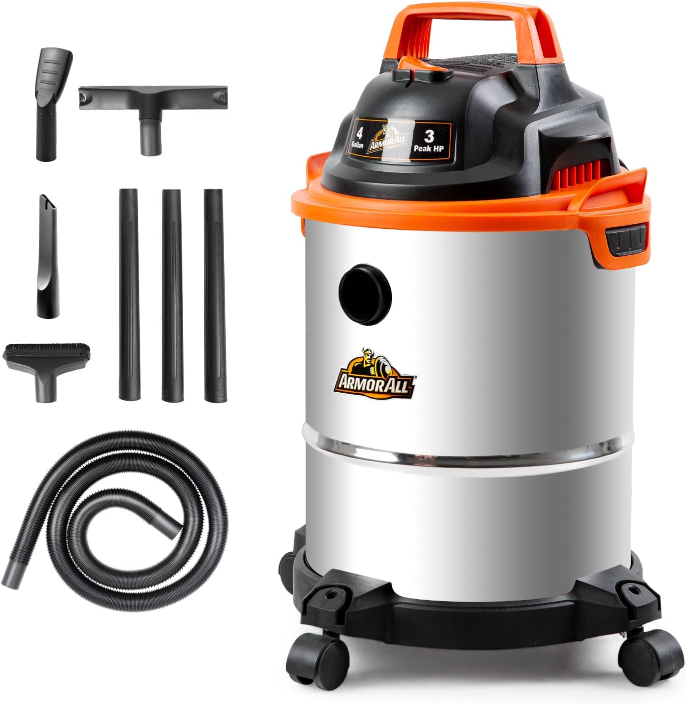 Armor All VO408S 0901 4 Gallon 3 Peak HP Stainless Steel Wet/Dry Car and Shop Vacuum, Orange
