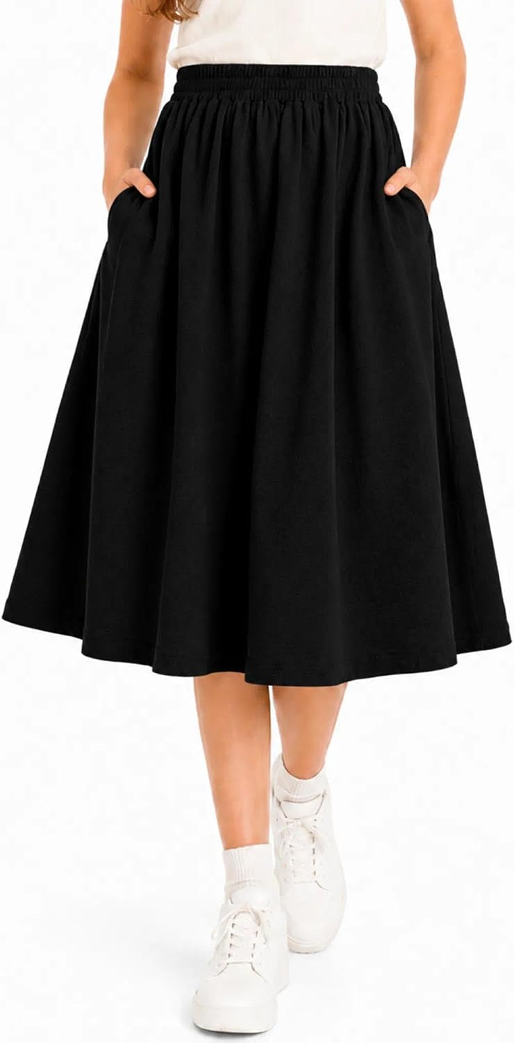 Girls Elastic High Waist A Line Midi Skirts Casual School Uniform Skirt with Pockets