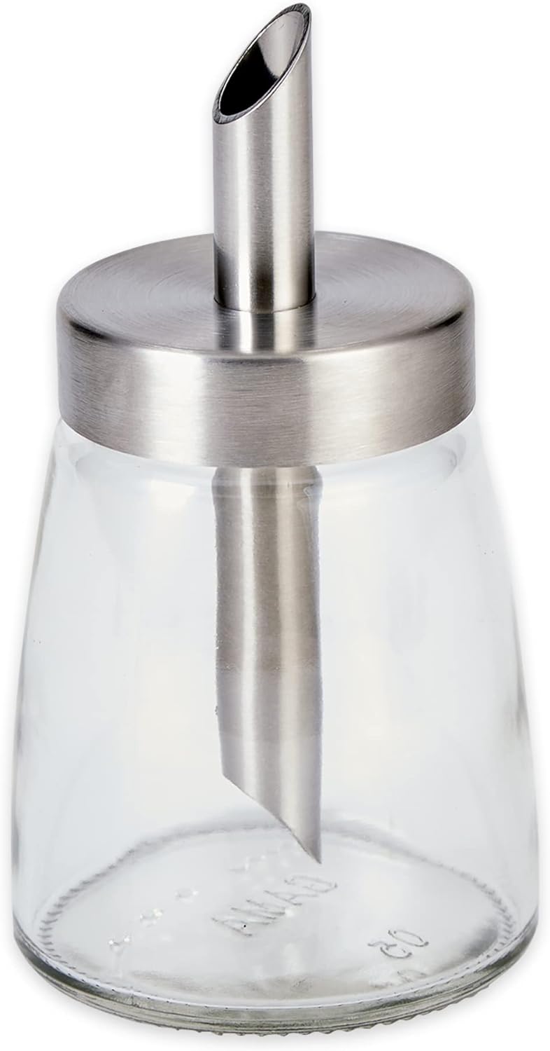 RSVP International Glass Sugar Dispenser with Pour Spout Stainless Steel Lid, Sleek Decorative Design for Countertop, Cabinet or Coffee Bar, 2.5x5.2x5"