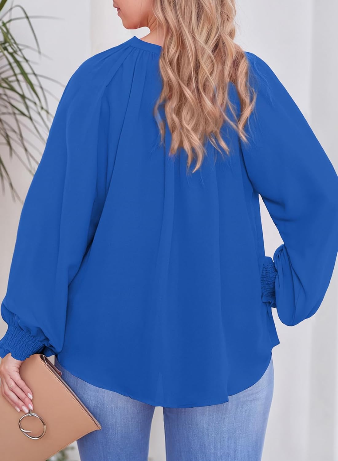 Eytino Womens Plus Size Tops Sexy V Neck Smocked Long Sleeve Casual Chiffon Blouse Flowy Work Shirts(1X-5X) - Image 2