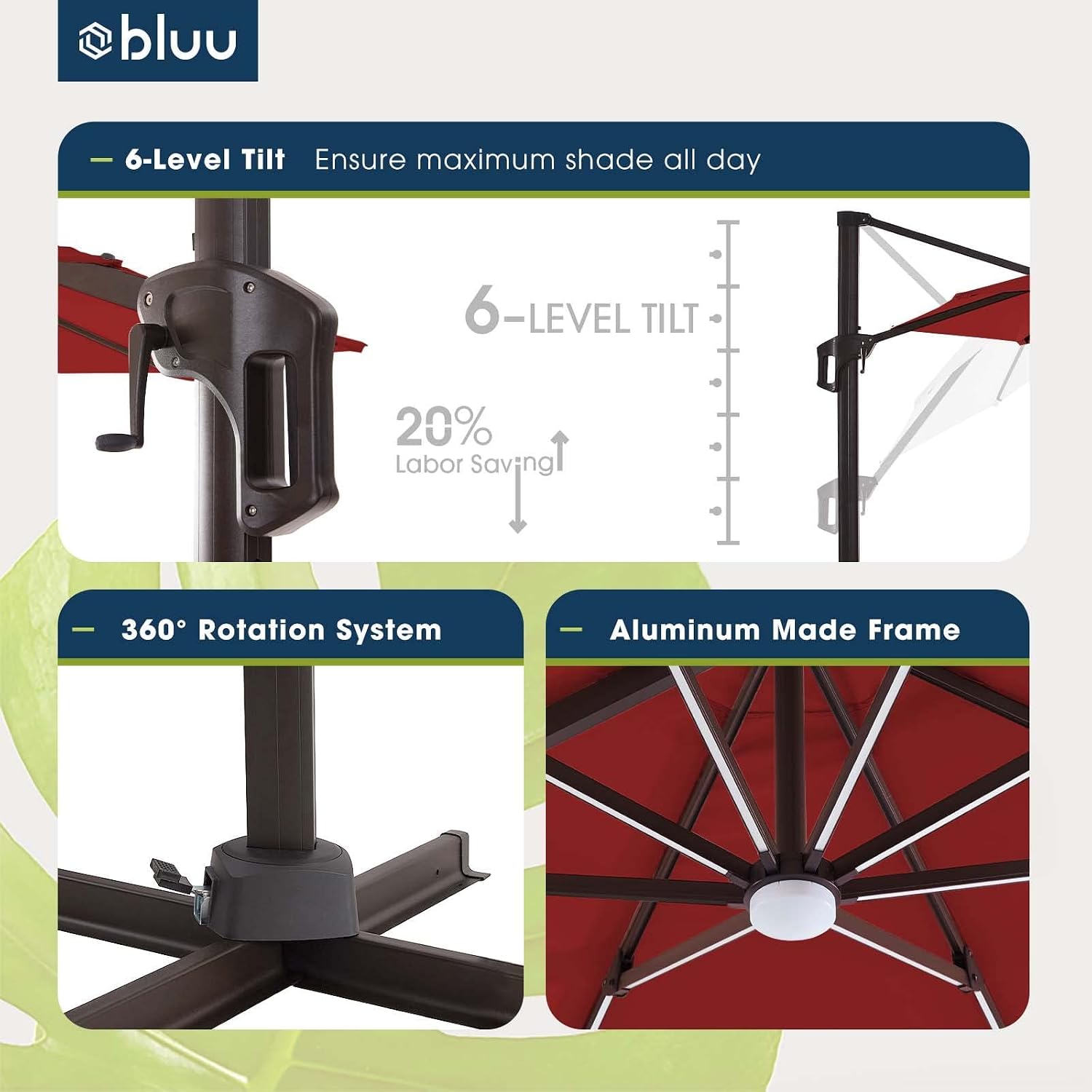 BLUU SEQUOIA 12 FT Solar Cantilever Umbrella LED Aluminum Offset Umbrella with 15 Strip Lights and Center light, Recycled Fabric 36 Month Fade Resistance, 360° Rotation & Cross Base (Burgundy Red)