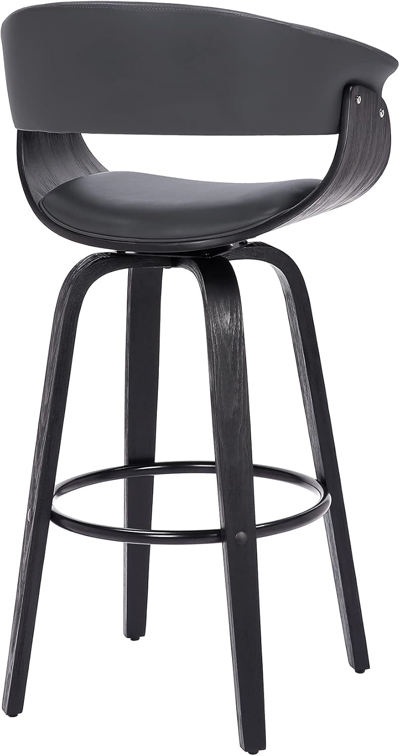 Armen Living Julyssa Mid Century Modern Swivel Bar Stool for Kitchen Island Counter in Gray Faux Leather and Black Wood, 30" Seat Height