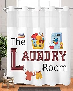 Chucoco No Hook Shower Curtain with Snap in Liner, Laundry Room Cloth Pant Washing Machine Waterproof Washable Bathroom Shower Curtains See Through Top Window, Cartoon Style Hotel Grade Bath Curtain