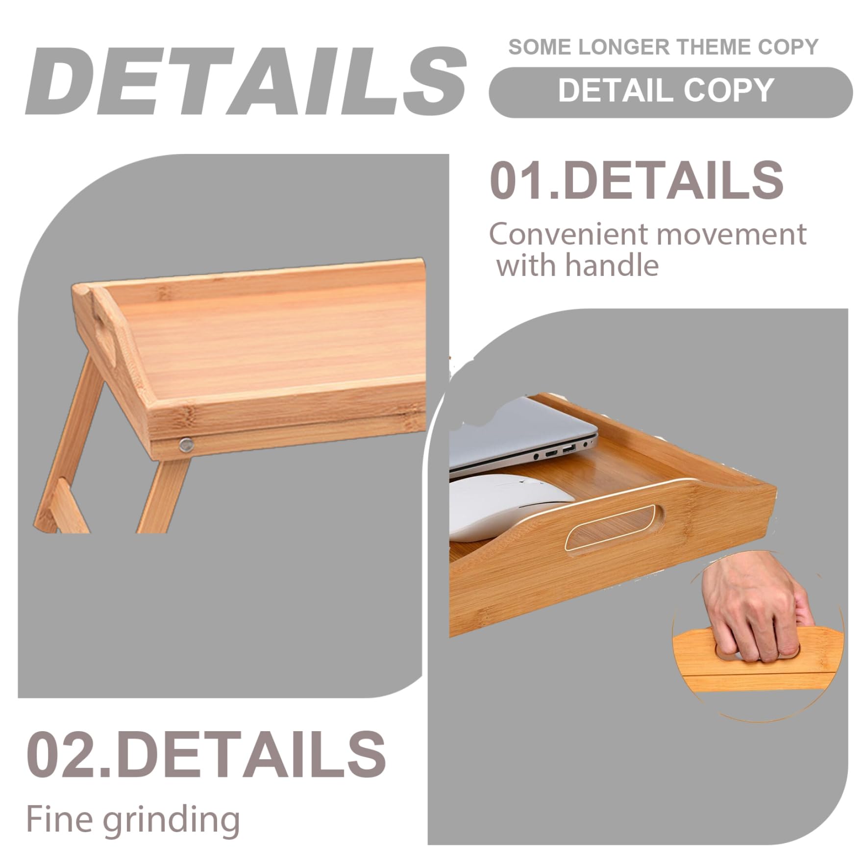 Plateau de lit en bambou – 50 x 30 cm Plateau de service pliable avec poignée Idéal pour le petit déjeuner au lit, collations et ordinateurs portables – Design portable et élégant