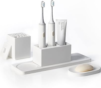 Ceramic Toothbrush Holders for Bathrooms, White Bathroom Accessories Diatomite, Electric Toothbrush Holder Countertop with Toothbrush Holders, Soap Dish Set