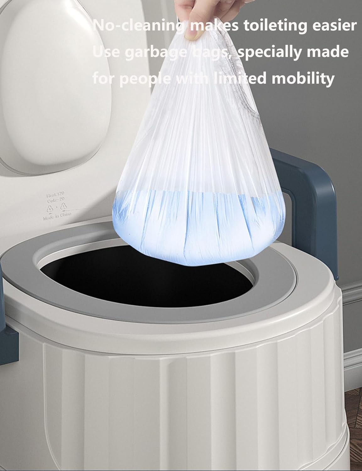 Diagram illustrating how the commode provides convenience for people with limited mobility, showing its use over a toilet and as a standalone unit.