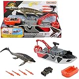 Mattel Matchbox Toy Car Playset, Jurassic World 12.5” Dino Boat with 13” Mosasaurus Dinosaur, 1:64 Die-Cast Jeep, Harpoon Missiles &amp; Detachable Rescue Boat