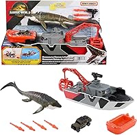 Matchbox Jurassic World Mosasaurus Rescue Boat Playset: 12.5" Floating Dino Boat, 13" Mosasaurus, Jeep & Harpoon Missiles for Kids 3+
