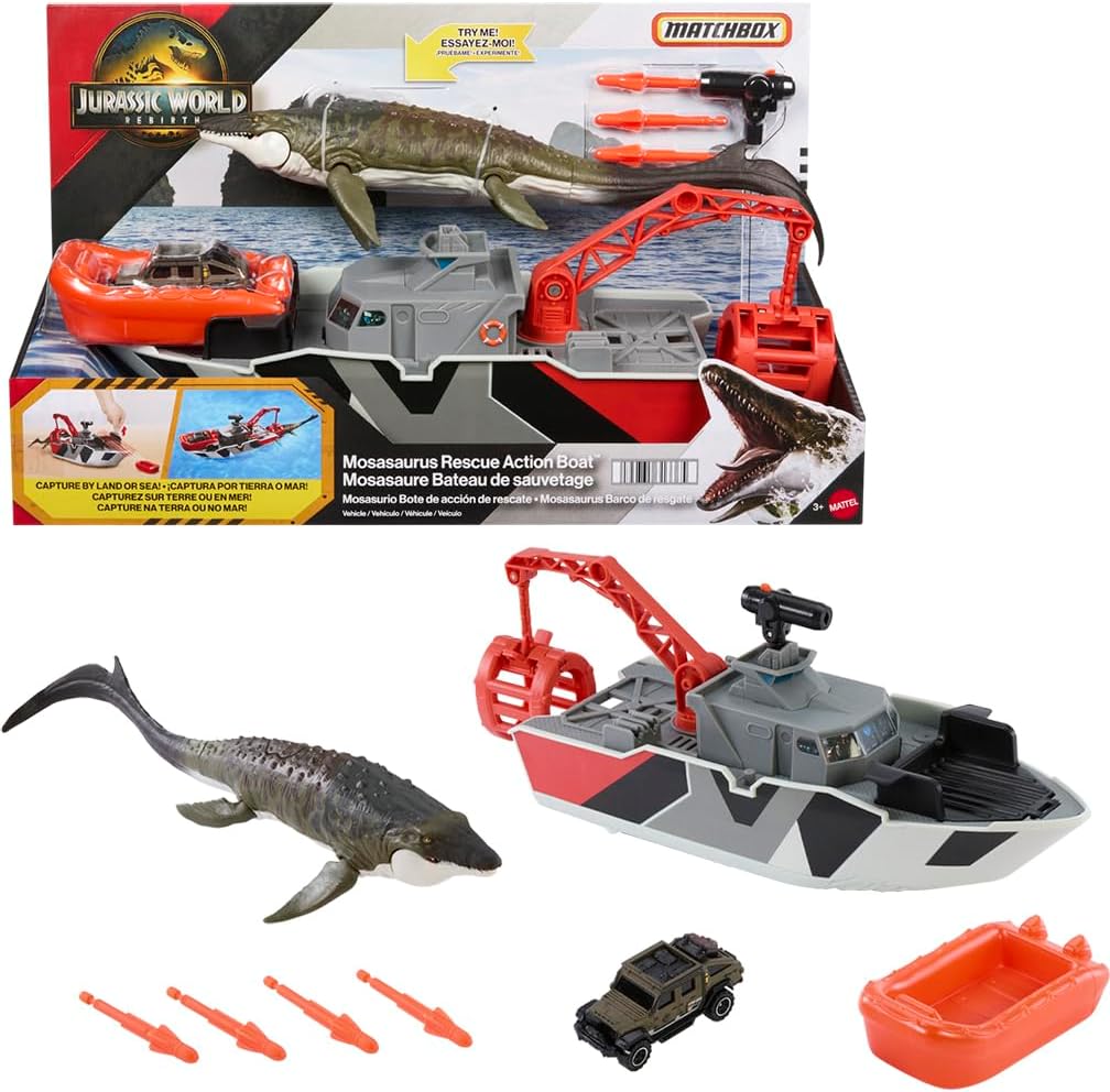 Toy Car Playset, Jurassic World 12.5” Dino Boat with 13” Mosasaurus Dinosaur, 1:64 Die-Cast Jeep, Harpoon Missiles & Detachable Rescue Boat