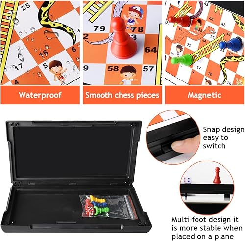Miniatura 5 de Juego de serpientes y escaleras plegables magnéticas, juego de mesa portátil de 11.8 pulgadas, divertido juego de mesa familiar para todas las