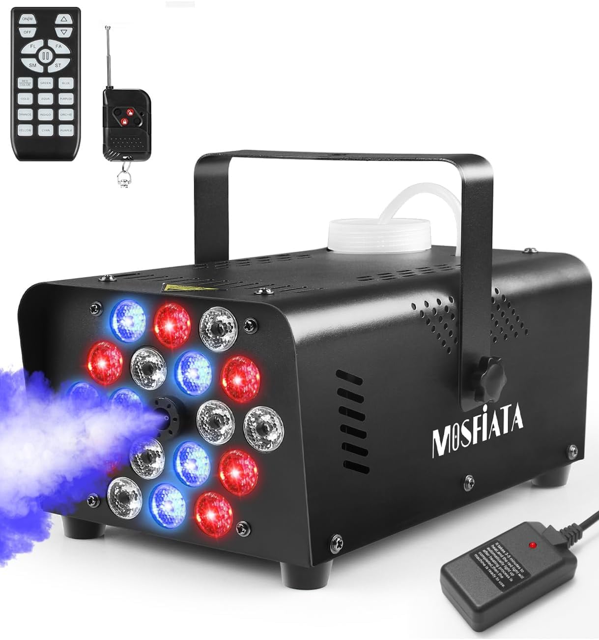 MOSFiATA Macchina del fumo 600W Potente, Generatore di fumo portatile con LED RGB 18 colori, Telecomando incluso – Ideale per feste, discoteche, serate, Halloween, matrimoni ed eventi
