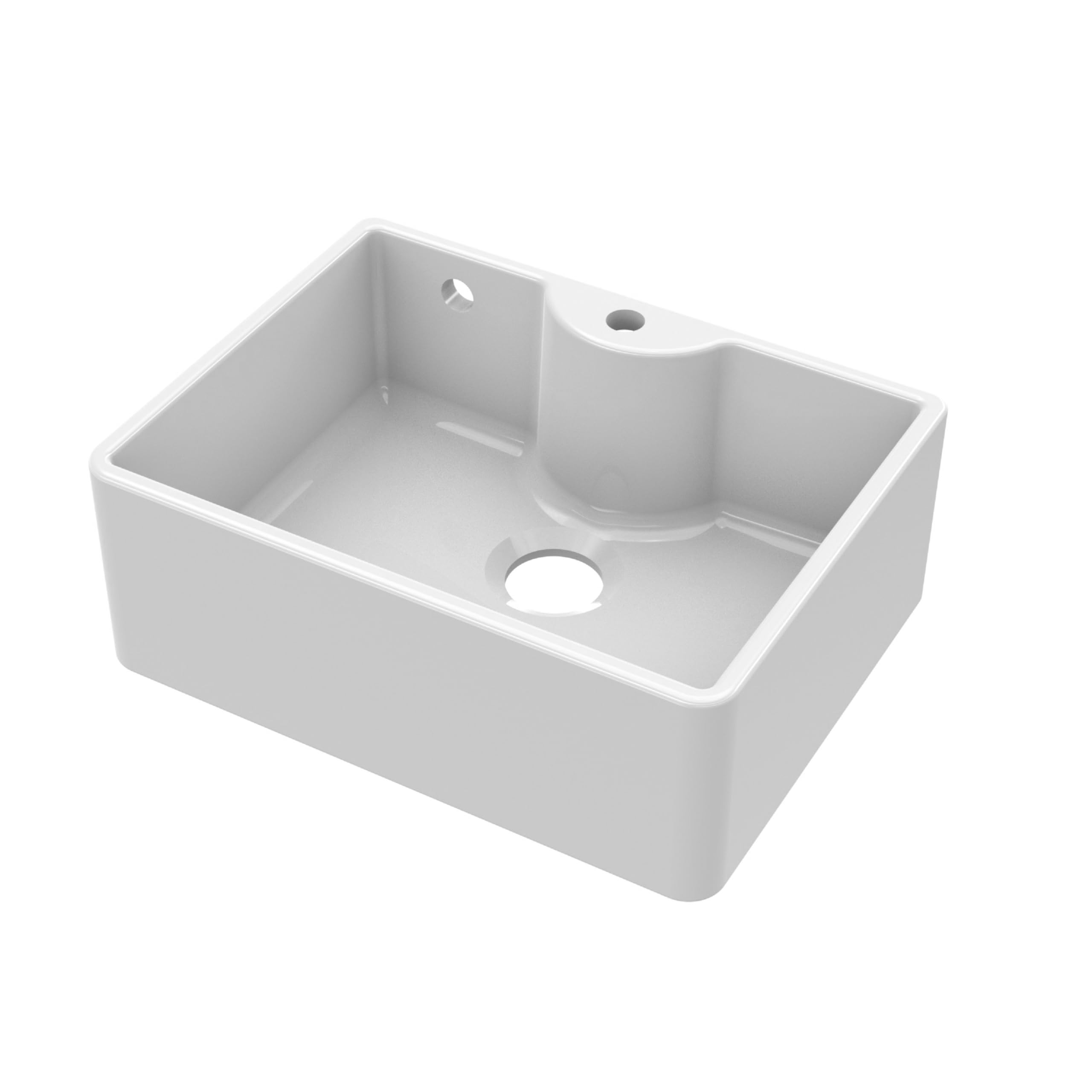 Balterley 595mm Butler White Kitchen Sink, Single Bowl with Tap Ledge, Tap Hole & Overflow Hole, Durable Butler Fireclay Ceramic Kitchen Sink Bowl, Apron Front Sinks - 595 x 450 x 220mm (White)