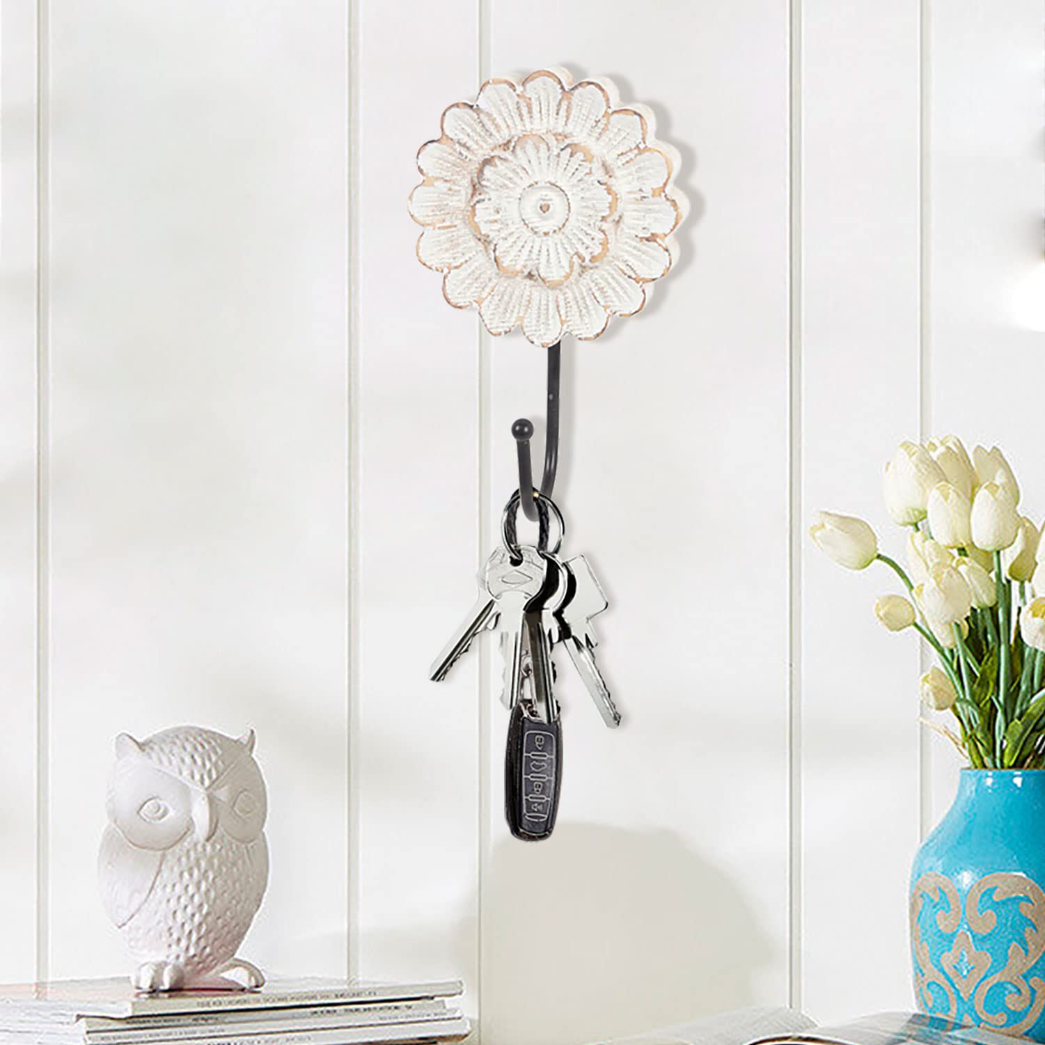 Dwellington Percha decorativa de madera para colgar en la pared, diseño de flores, para llaves, bolsos, toallas (colgador largo)