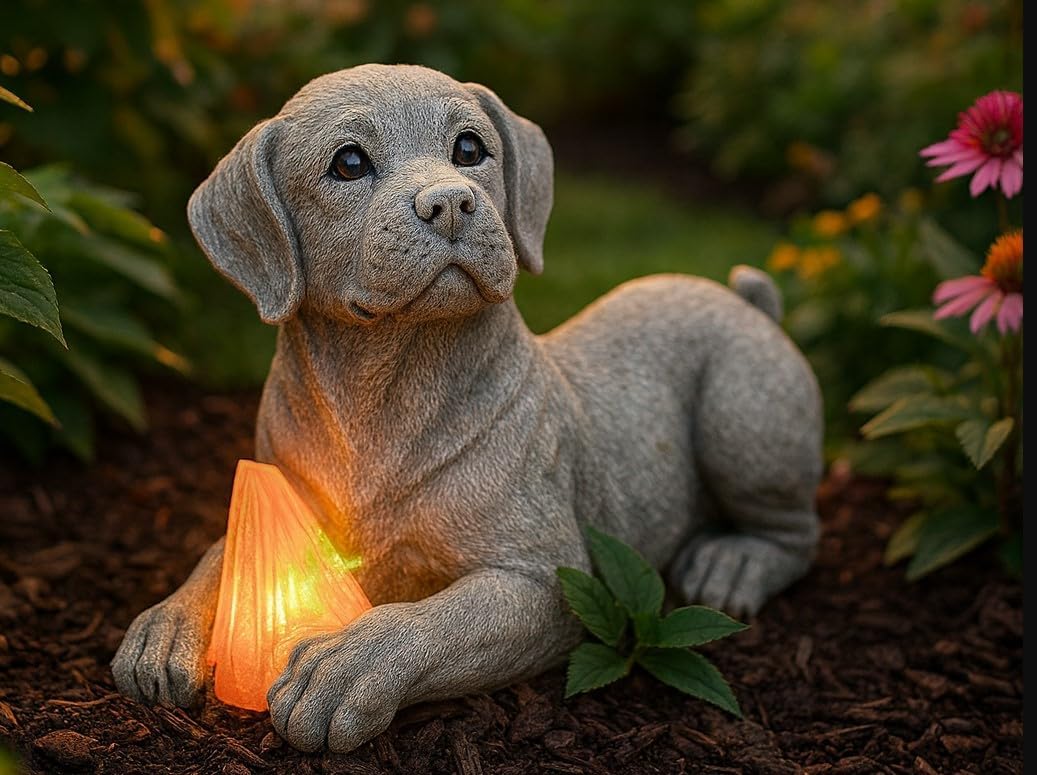 Garden Mile Solar Dog Statue, Outdoor Puppy Figurine with LED Shoe, Stone Eff...