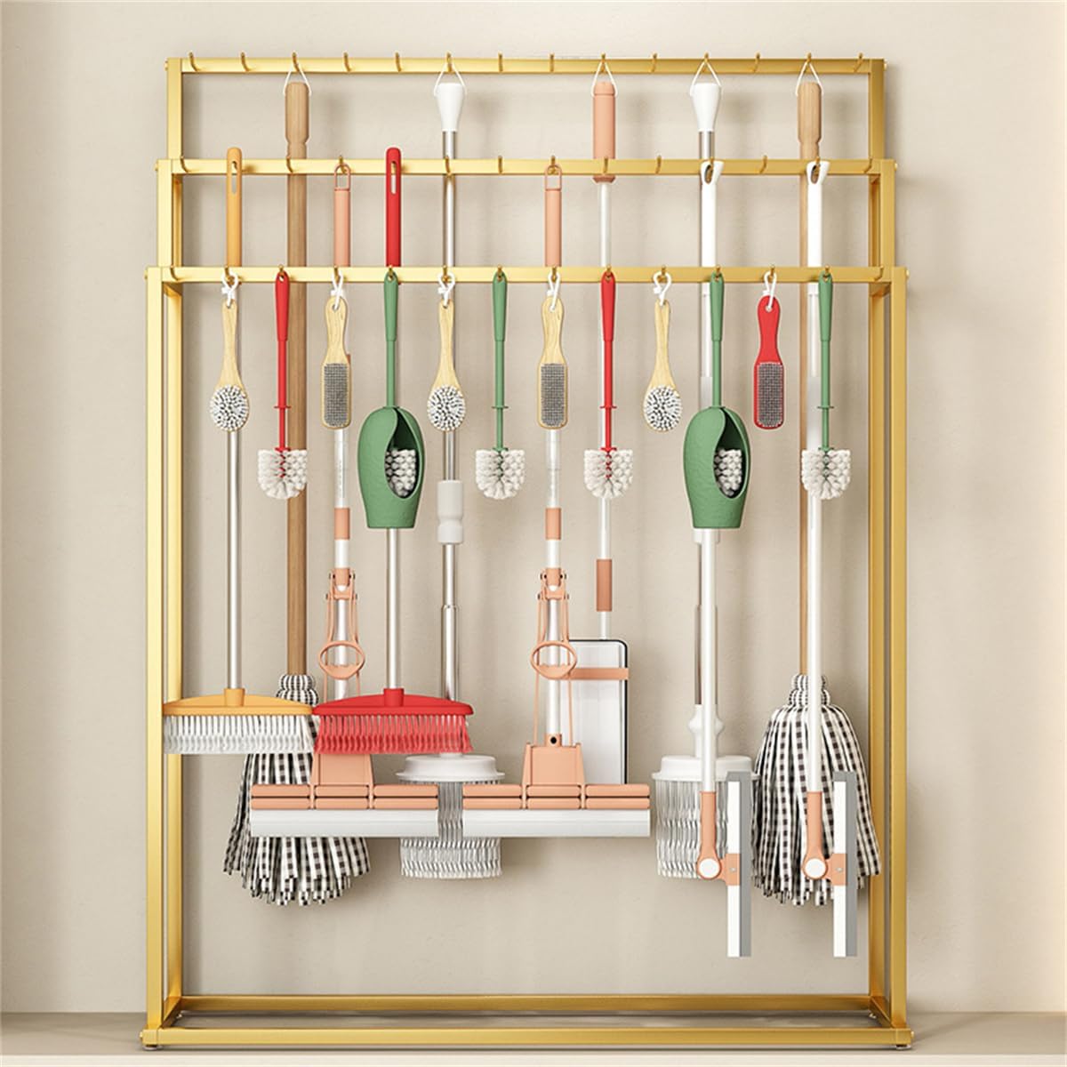 WSNCXFW Floor Mounted Belt Hanger, Metal Men Closet Display Stand Organizer, 3 Tiers Metal Freestanding Belt Display Rack,Clothing Store Boutiques Retail Storage Holder,Gold,30 Hooks