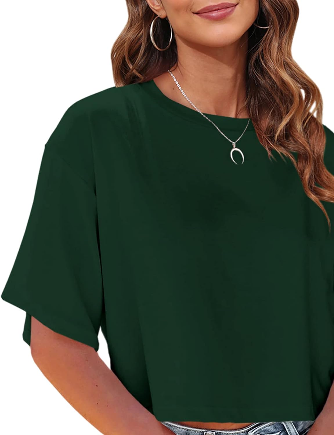 Tankaneo Women Half Sleeve Cropped T-Shirts Drop Shoulder Round Neck Crop Tops Casual Summer Solid Color Basic Tees thumbnail
