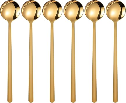 6 Pack Coffee Spoons, Stainless Steel Dessert Spoons, Small Tea Spoon, Long Handle Spoon for Ice Cream, Latte, Hot Chocolate, and Cake Gold, 5.3 inch