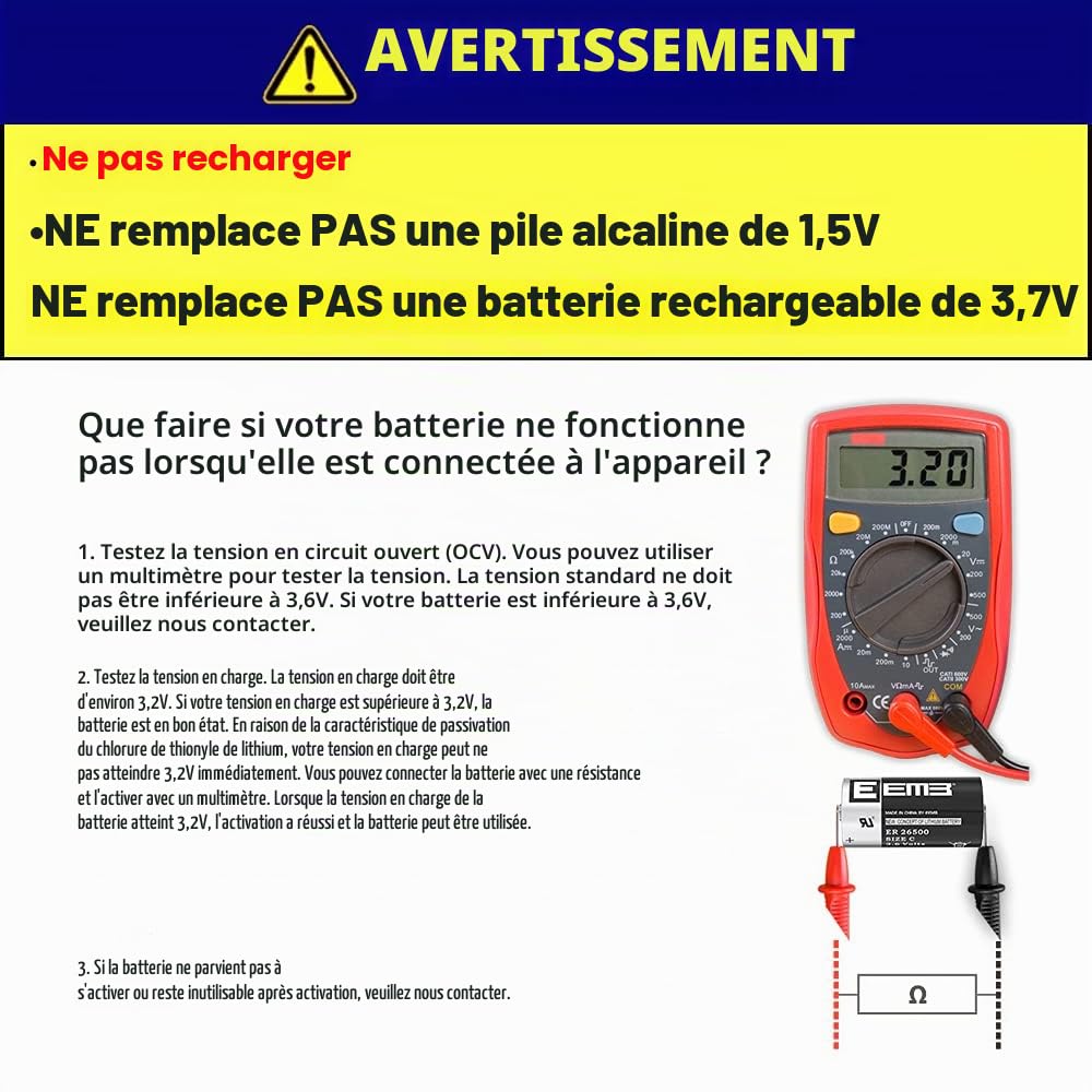 EEMB 10X ER26500 C Taille 3.6V Batterie au Lithium Haute capacité Li-SOCL₂ Batterie Non Rechargeable LS26500 SB-C01 TL-2200 pour Moniteur de Pression des pneus Automobile TPMS, Carte à Puce