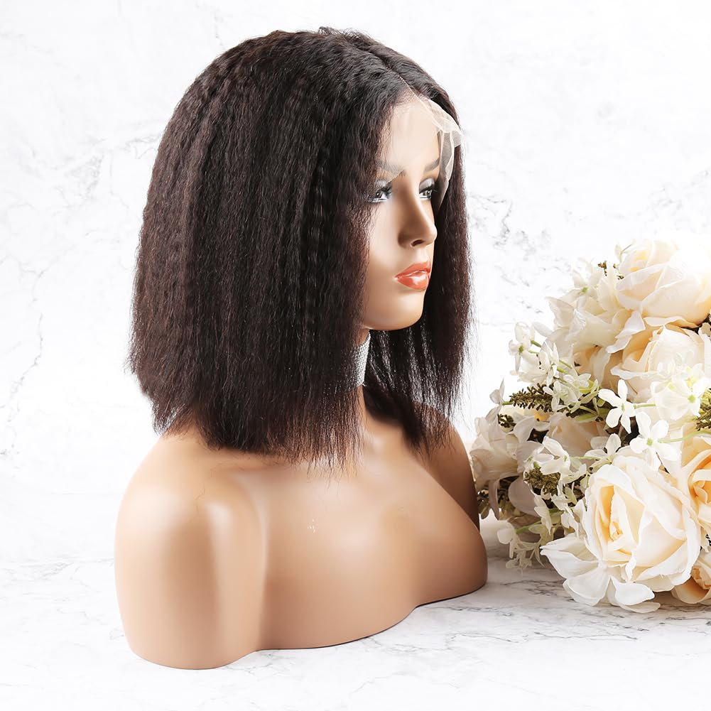 Bella Hair Full Lace Bob Wig Human Hair Kinky Straight, 200% Density Glueless Remy Virgin Hair Wig With Adjustable Straps & Combs (Dyeable Natural Color 12 inch)