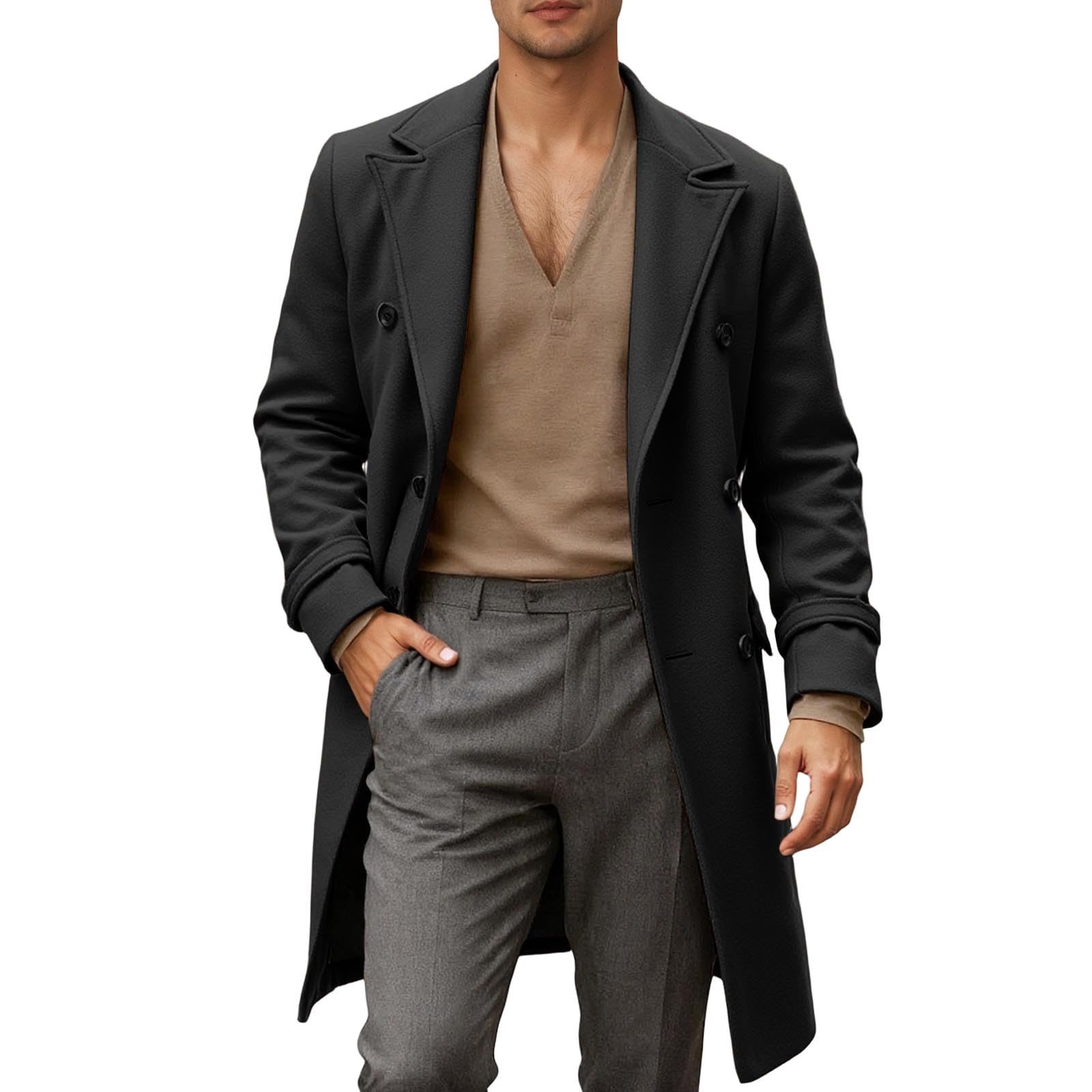 Gabardina larga para hombre, cuello vuelto, color sólido, abrigo de invierno de doble botonadura, clásico, ajustado, abrigo de entretiempo, otoño e invierno, abrigo de lana clásico
