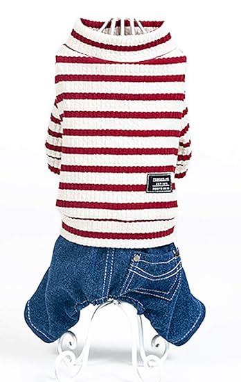 MaruPet Dog Striped Sweater Jumpsuit Puppy Clothes Student Costume Winter Warm Outfits Soft Pet Overall Pant for Teddy, Pug, Chihuahua, Shih Tzu, Yorkshire Terriers, Papillon red M