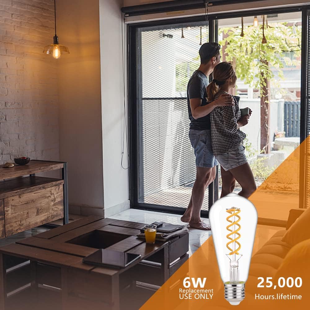 ST58 (ST19) LED Edison Bulbs 60 Watt Equivalent, CRI 80+, High Brightness Soft White 2700K Clear Glass, Dimmable Antique LED Filament Bulbs, E26 Medium Base, 6 Pack