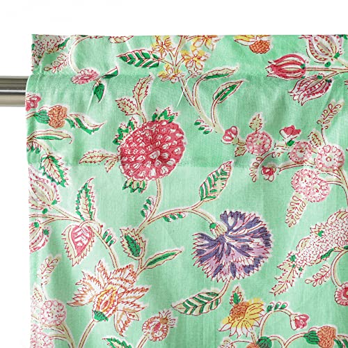 Image of Ravaiyaa - Attitude is everything Hand Printed Half Window Kitchen Curtain 100% Cotton Short Drapery Valance 40 X 18 Inch (Green Floralsemi Sheer, Rod Pocket)